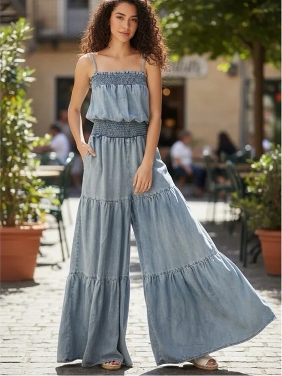 Oli & Hali Mineral Washed Songbird Ruffle Bodice Wide Leg Jumpsuit Small - Picture 1 of 12